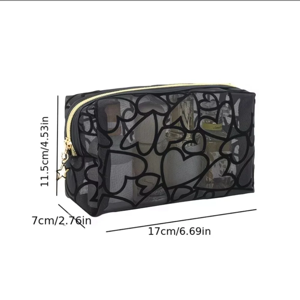 Women's Black Gold Heart Mesh Cosmetic Bag One Size